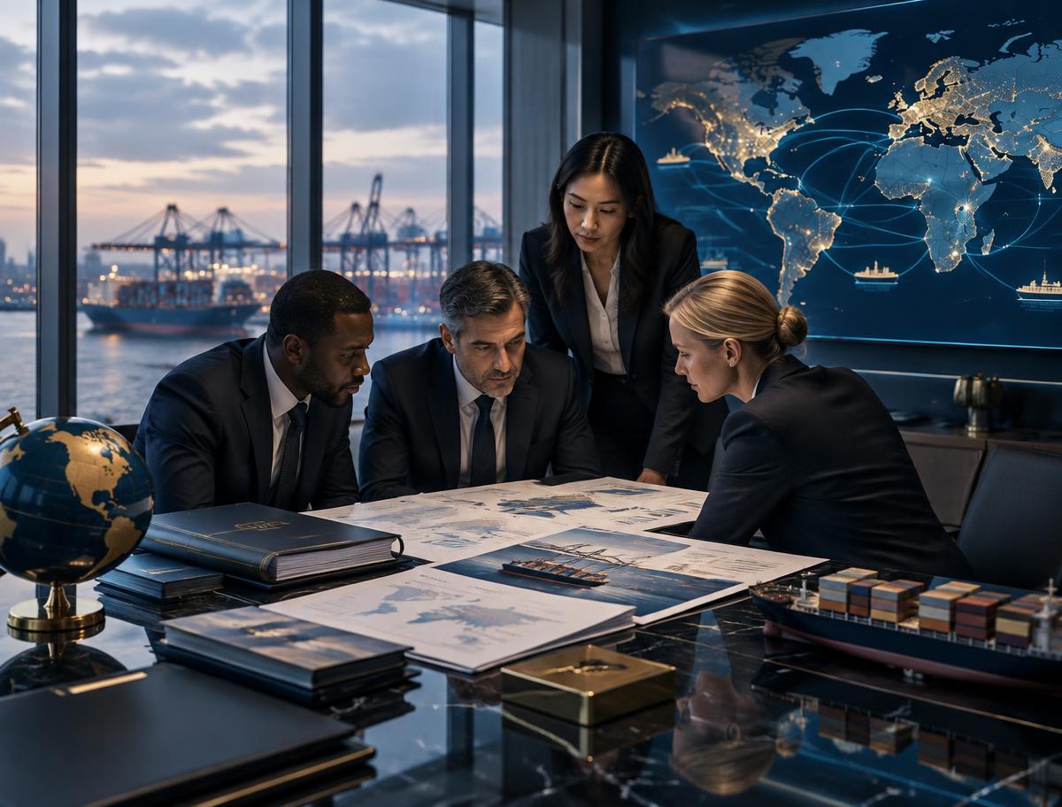 PegaTrade Finance team collaborating around a data dashboard